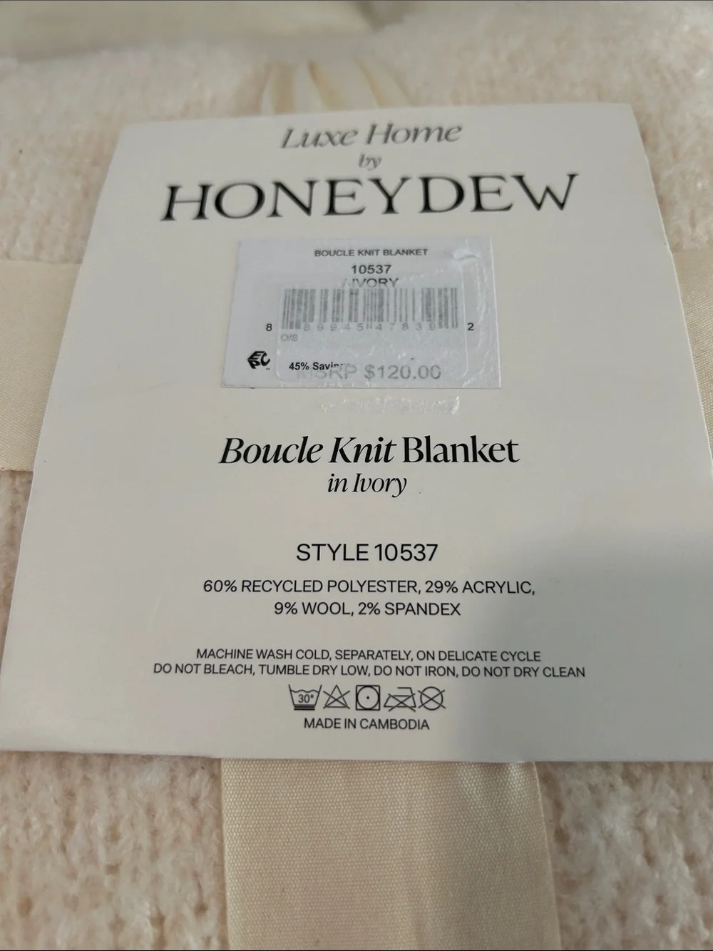 Honeydew Luxe Home Bouclé Knit Throw Blanket, Cream, 50”x60”, NWT